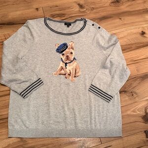 Talbots French Bulldog Sweater size large petite new nautical, gray, navy